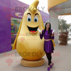 Gold Eggplant mascot costume character dressed with a Pencil Skirt and Foot pads