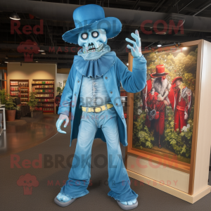 Sky Blue Undead mascot costume character dressed with a Bootcut Jeans and Hat pins