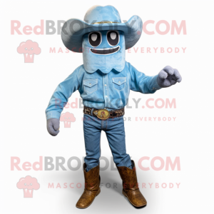 Sky Blue Undead mascot costume character dressed with a Bootcut Jeans and Hat pins