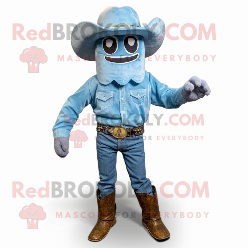 Sky Blue Undead mascot costume character dressed with a Bootcut Jeans and Hat pins Sky Blue Undead mascot costume character dressed with a Bootcut Jeans and Hat pins