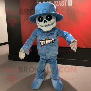 Sky Blue Undead mascot costume character dressed with a Bootcut Jeans and Hat pins