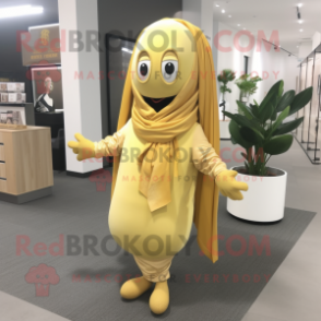 Gold Banana mascot costume character dressed with a Cardigan and Shawl pins