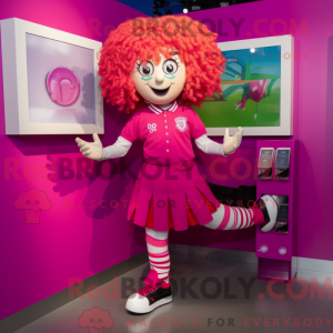 Maskotfigur af en magenta...