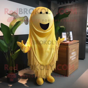 Gold Banana mascot costume character dressed with a Cardigan and Shawl pins