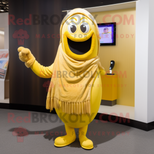 Gold Banana mascot costume character dressed with a Cardigan and Shawl pins