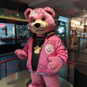 Pink Bear mascot costume character dressed with a Bomber Jacket and Bracelets