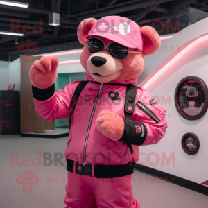 Pink Bear mascot costume character dressed with a Bomber Jacket and Bracelets