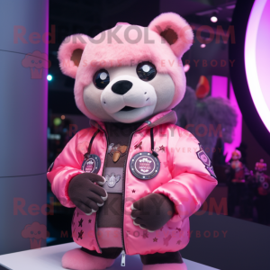 Pink Bear mascot costume character dressed with a Bomber Jacket and Bracelets