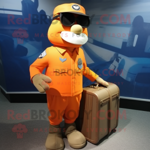 Orange Air Force Soldier mascot costume character dressed with a Henley Tee and Briefcases