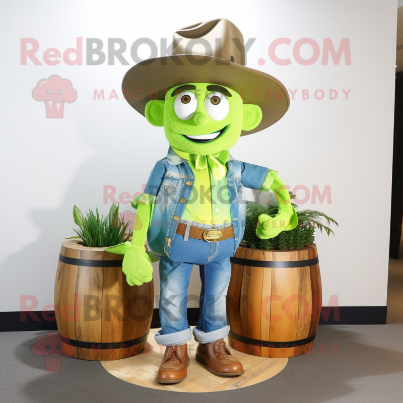 Lime Green Pot Of Gold mascot costume character dressed with a Chambray Shirt and Hats