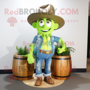 Lime Green Pot Of Gold mascot costume character dressed with a Chambray Shirt and Hats