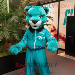Fantasia de mascote de um Puma turquesa com macacão e abotoaduras - Puma mascotes - REBROKO_428391 - RedBrokoly.com