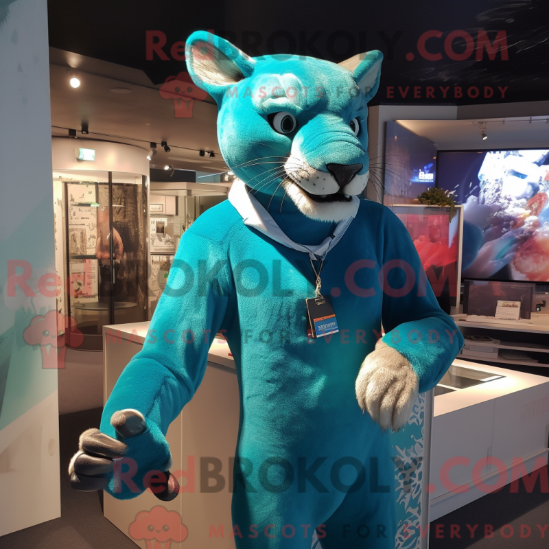 Fantasia de mascote de um Puma turquesa com macacão e abotoaduras - Puma mascotes - REBROKO_428392 - RedBrokoly.com