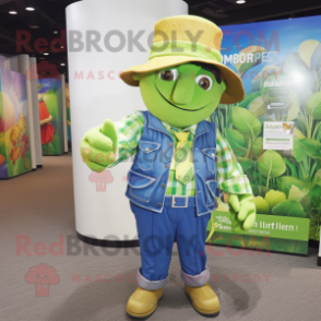Lime Green Pot Of Gold mascot costume character dressed with a Chambray Shirt and Hats