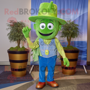 Lime Green Pot Of Gold mascot costume character dressed with a Chambray Shirt and Hats
