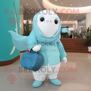 Cyan Beluga Whale mascot costume character dressed with a Wrap Dress and Messenger bags