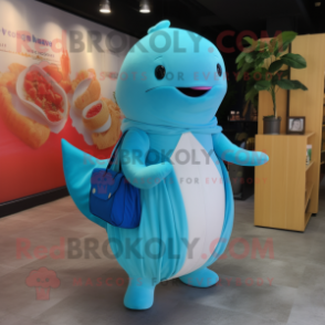 Cyan Beluga Whale mascot costume character dressed with a Wrap Dress and Messenger bags