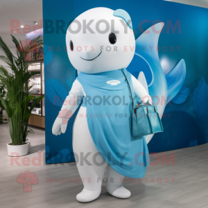 Cyan Beluga Whale mascot costume character dressed with a Wrap Dress and Messenger bags