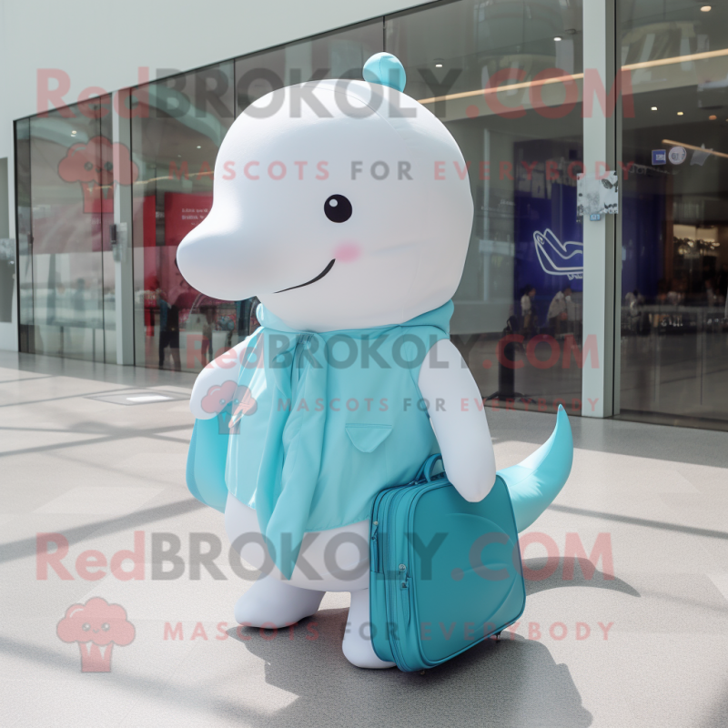 Cyan Beluga Whale mascot costume character dressed with a Wrap Dress and Messenger bags