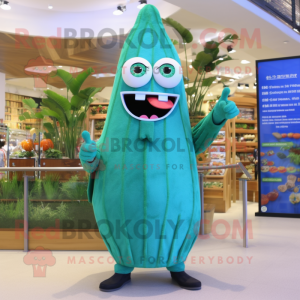 Turquoise Asparagus mascot costume character dressed with a Cover-up and Eyeglasses