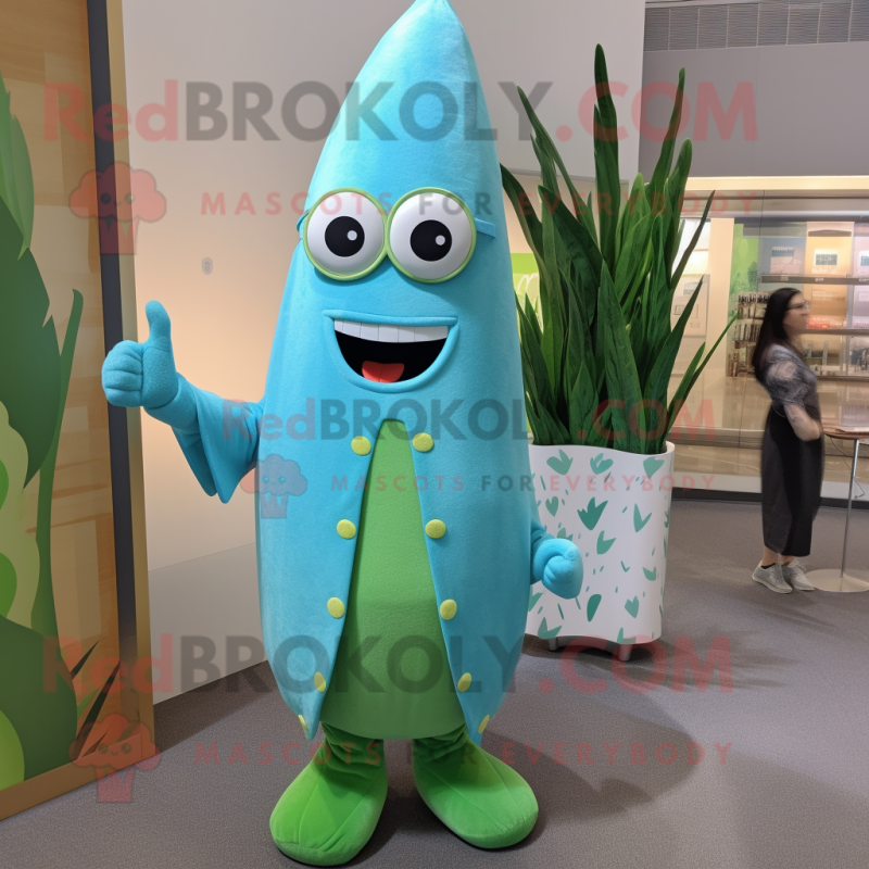 Turquoise Asparagus mascot costume character dressed with a Cover-up and Eyeglasses