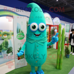 Turquoise Asparagus mascot costume character dressed with a Cover-up and Eyeglasses