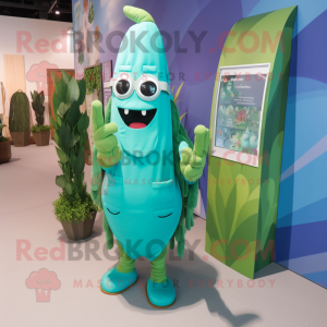 Turquoise Asparagus mascot costume character dressed with a Cover-up and Eyeglasses