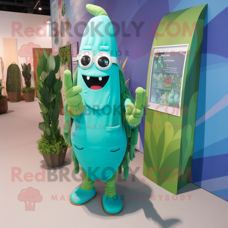 Turquoise Asparagus mascot costume character dressed with a Cover-up and Eyeglasses Turquoise Asparagus mascot costume character dressed with a Cover-up and Eyeglasses