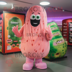 Pink Cucumber mascot costume character dressed with a Graphic Tee and Mittens