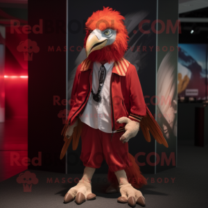 Red Vulture mascot costume character dressed with a Windbreaker and Tie pins