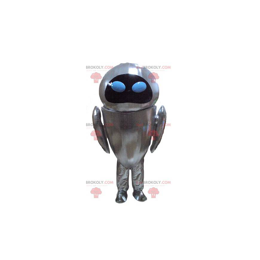 Mascotte robot grigio metallizzato con gli occhi azzurri -