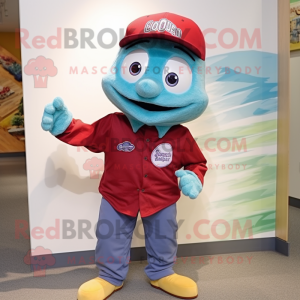 Maroon Cod mascot costume character dressed with a Chambray Shirt and Beanies
