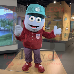 Maroon Cod mascot costume character dressed with a Chambray Shirt and Beanies