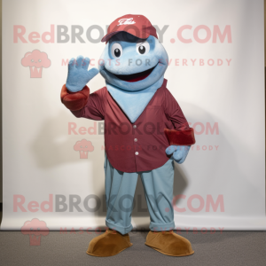 Maroon Cod mascot costume character dressed with a Chambray Shirt and Beanies