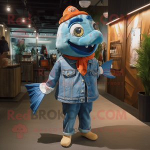 Sky Blue Clown Fish mascot costume character dressed with a Denim Shirt and Shawl pins