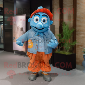 Sky Blue Clown Fish mascot costume character dressed with a Denim Shirt and Shawl pins