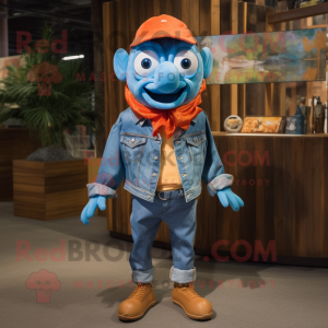 Sky Blue Clown Fish mascot costume character dressed with a Denim Shirt and Shawl pins