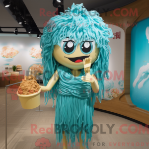 Maskotfigur av en cyan...