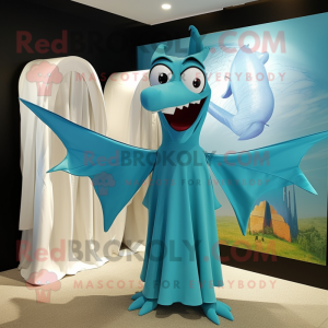 Cyan Pterodactyl mascot costume character dressed with a Dress Shirt and Shawls