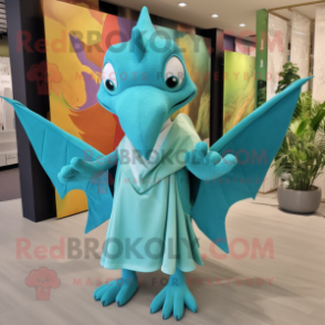 Cyan Pterodactyl mascot costume character dressed with a Dress Shirt and Shawls