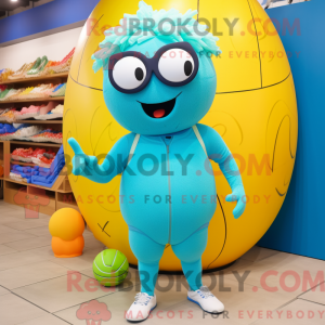 Maskotfigur av en cyan...