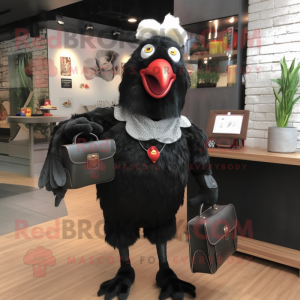 Black Rooster mascot costume character dressed with a Pencil Skirt and Wallets