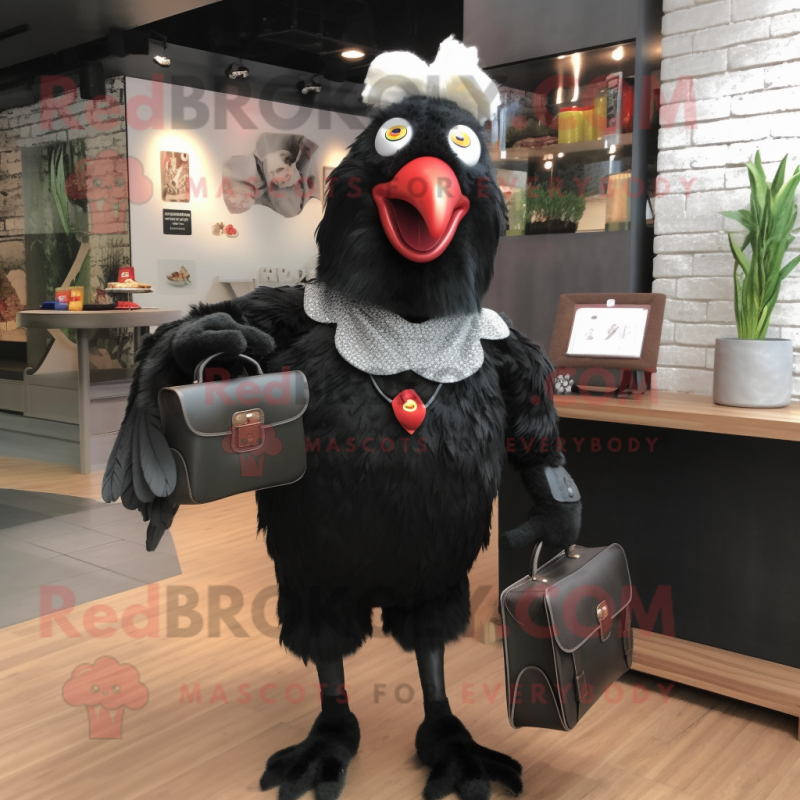 Black Rooster mascot costume character dressed with a Pencil Skirt and Wallets Black Rooster mascot costume character dressed with a Pencil Skirt and Wallets