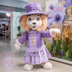 Lavender Tamer Lion mascot costume character dressed with a Midi Dress and Hat pins