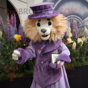 Lavender Tamer Lion mascot costume character dressed with a Midi Dress and Hat pins