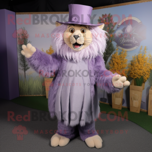 Lavender Tamer Lion mascot costume character dressed with a Midi Dress and Hat pins