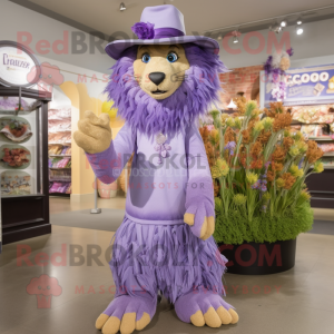 Lavender Tamer Lion mascot costume character dressed with a Midi Dress and Hat pins