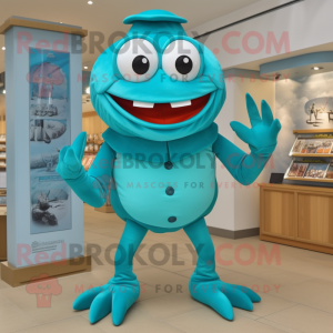 Turquoise Crab mascot costume character dressed with a Trousers and Hats