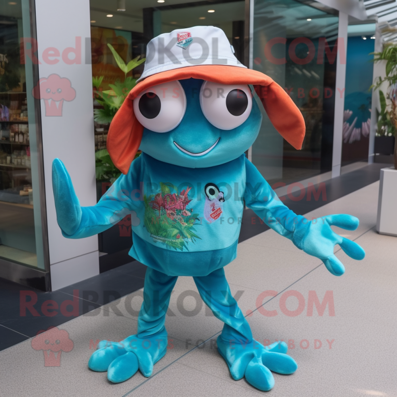 Turquoise Crab mascot costume character dressed with a Trousers and Hats