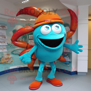 Turquoise Crab mascot costume character dressed with a Trousers and Hats